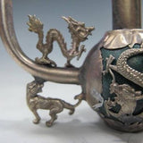 Hand Carved Jade Smoking Pipe Inlaid with Silver Dragon