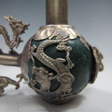Hand Carved Jade Smoking Pipe Inlaid with Silver Dragon
