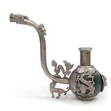 Hand Carved Jade Smoking Pipe Inlaid with Silver Dragon