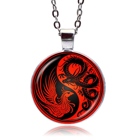 Dragon And Phoenix Yin Yang Necklace (Silver finish)