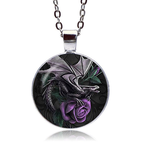 Dragon And Rose Cabochon Necklace (Silver finish)
