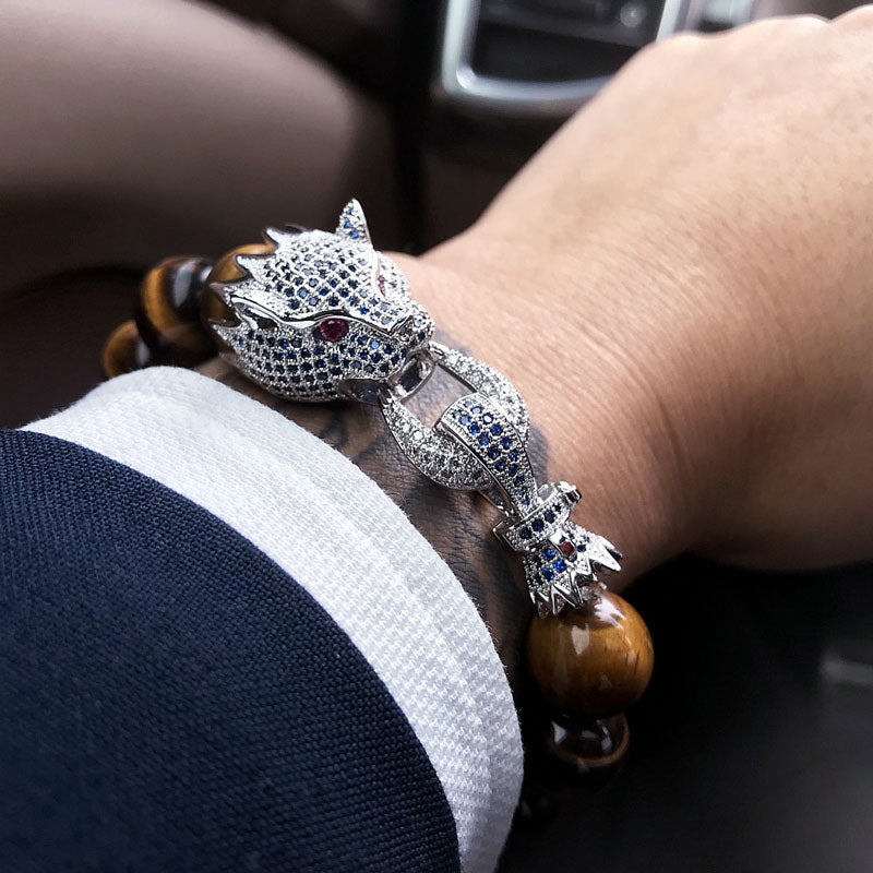 Lava Stone Dragon Beaded Stretch Bracelet with Gold Accent - Calm Dragon |  NOVICA