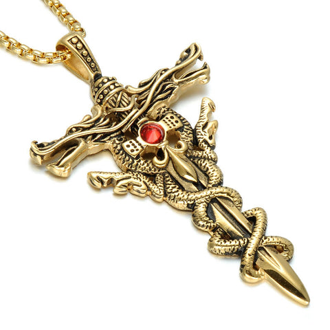thumbnail image 2 of Gothic Double Dragon Cross Necklace For Men, Punk Dragon Sword Necklace Stainless Steel Dragon Cross Pendant Necklace 2 of 10