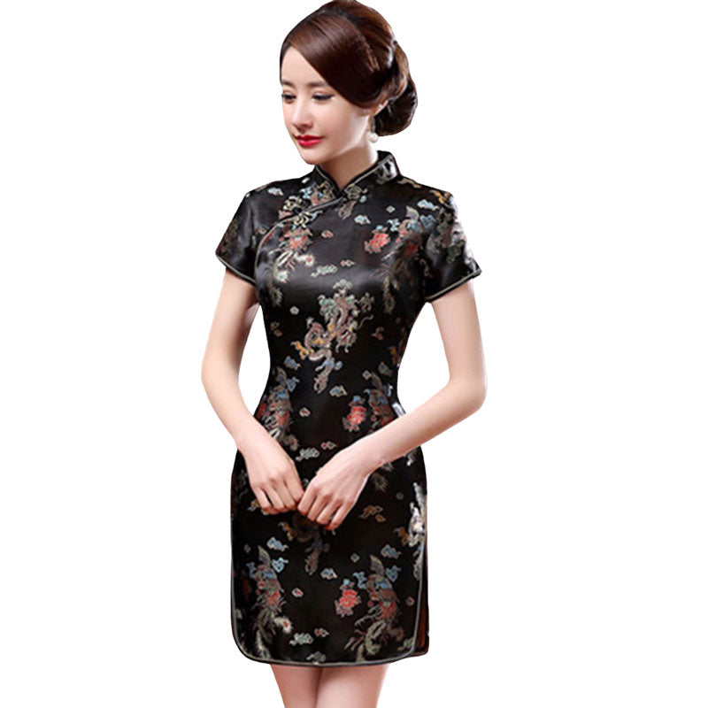 golden dragon dress This cheongsam dress is truly unique. The base fabric in black symbolizes strength, adorned with delicate embroidery featuring a pair of the phoenix and dragonboth of which carry deep philosophical meaning in