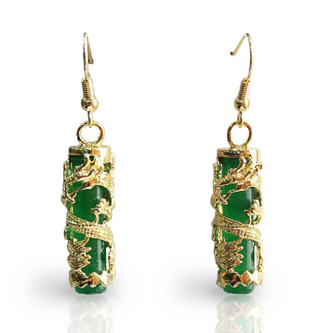 Green Jade Dragon Earrings (Silver)