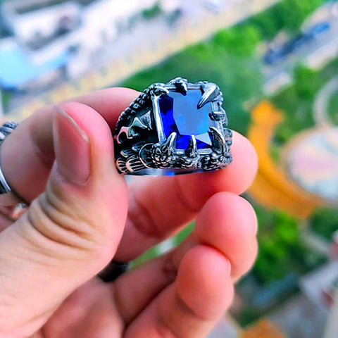 mens dragon claw ring with blue stone