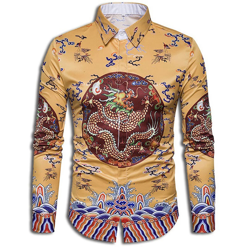 dragon print dress shirt Men's Dress Shirts Dragon Print Tops Laple Long Sleeve Slim Fit Fashion Casual
