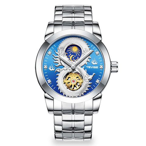 Moonphase Dragon Automatic Watch (Silver and Blue)