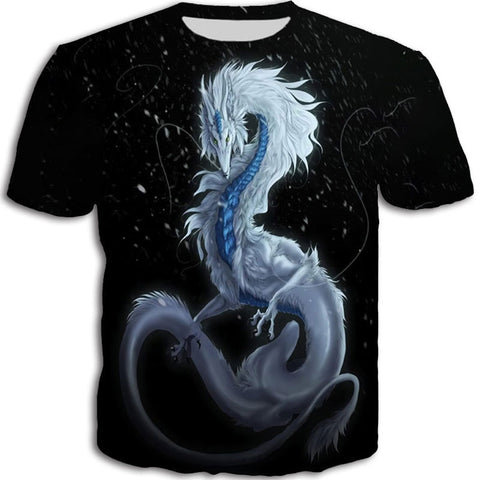 White and Blue Shiny Fur Dragon T-shirt